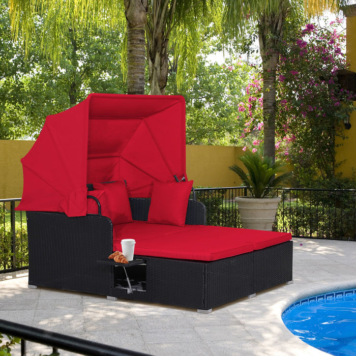 Rattan Daybed with Retractable Canopy, Cushions & Side Trays
