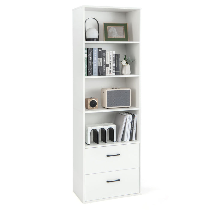 6-Tier Modern Wooden Bookshelf with 4 Open Shelves and 2 Drawers