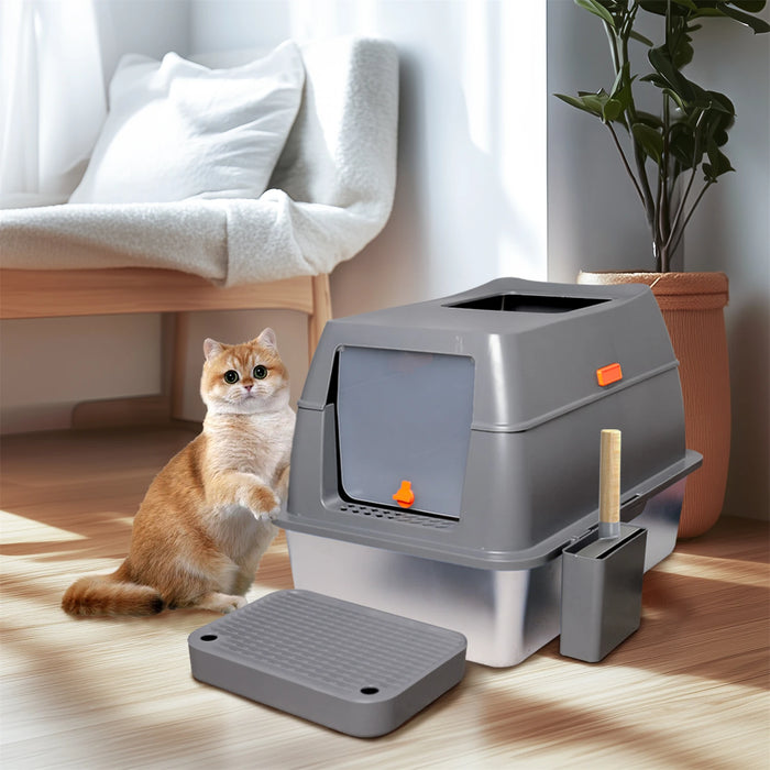 XL Stainless Steel Cat Litter Box – Enclosed Large Litter Tray with Lid, Front Entry & Top Exit Toilet Box