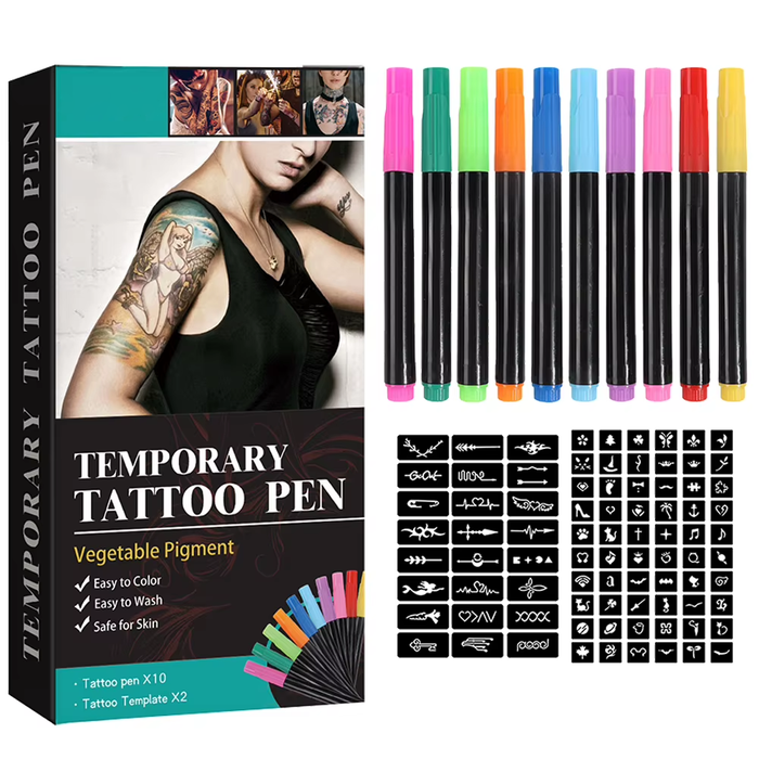 SEDOL Temporary Tattoo Ink Set – 10 Colour Body Art Pens with 2 Stencils, Skin-Safe Plant Pigment Markers for Drawing, Painting & Creative Body Designs