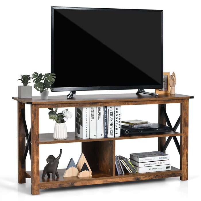 3-Tier Rustic TV Stand with Open Shelves and Cable Management