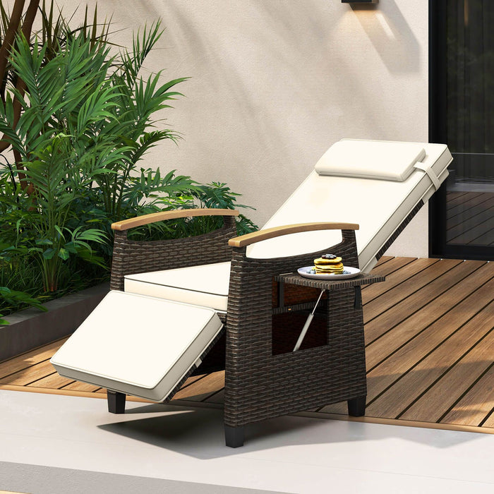Patio Rattan Recliner Chair with Adjustable Backrest, Footrest & Flip Side Table