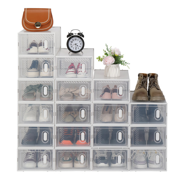 18-Pack Clear Shoe Storage Boxes – Stackable Plastic Organiser with Front Drop-Down Doors