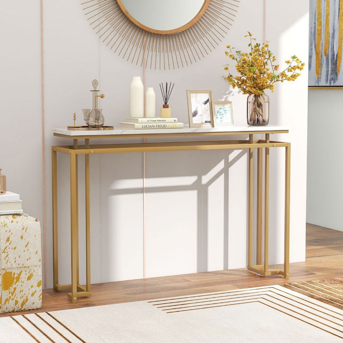 Gold Console Table – Faux Marble Top & Geometric Metal Frame
