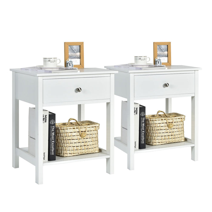 2 Pieces Wooden Nightstand with Drawer and Storage Shelf
