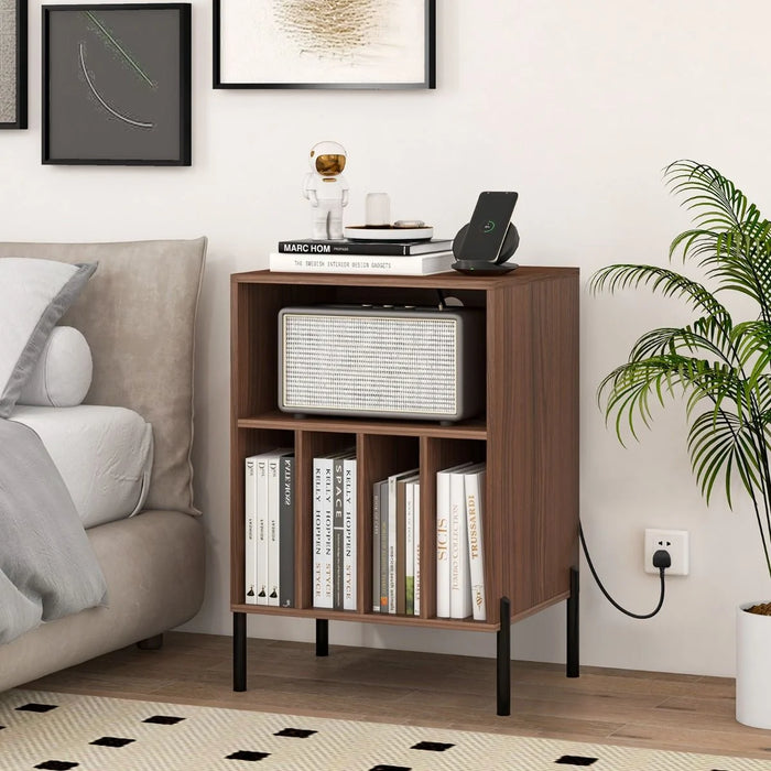 Record Player Stand with Charging Station and 5 Storage Compartments