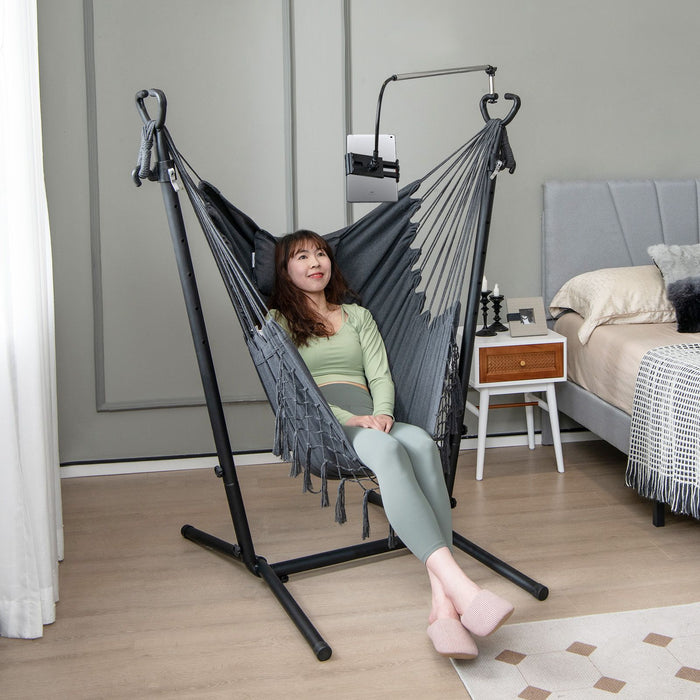 Hammock Chair with Stand – Adjustable Height, Phone Holder & Boho Tassels