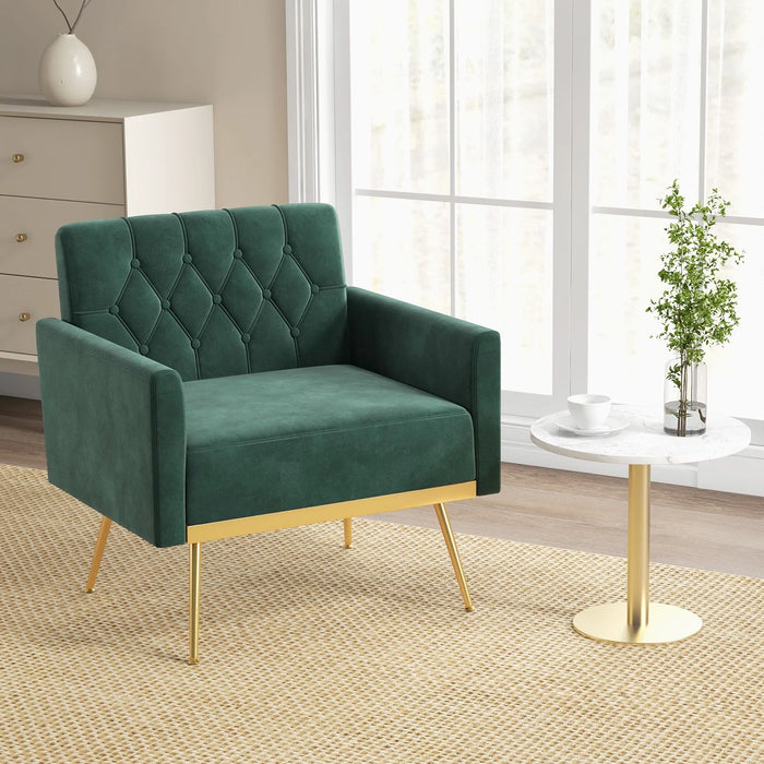 Modern Velvet Accent Chair with Button Tufted Back and Golden Metal Legs