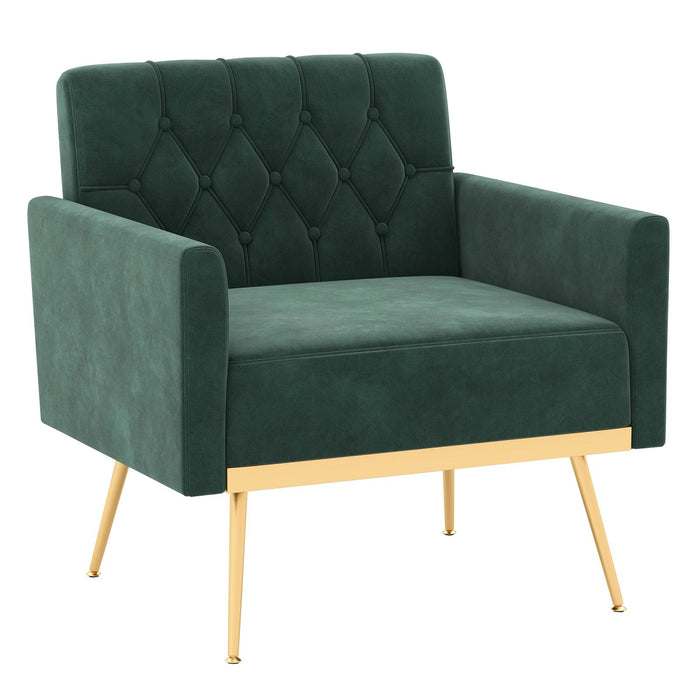 Modern Velvet Accent Chair with Button Tufted Back and Golden Metal Legs