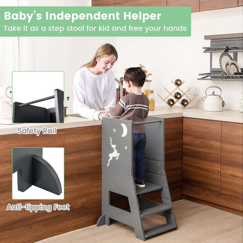 SEDOL 3-in-1 Montessori Learning Tower with Double-Sided Chalkboard & Whiteboard – Height-Adjustable Kitchen Helper Stool with Safety Rails and Anti-Tip Base