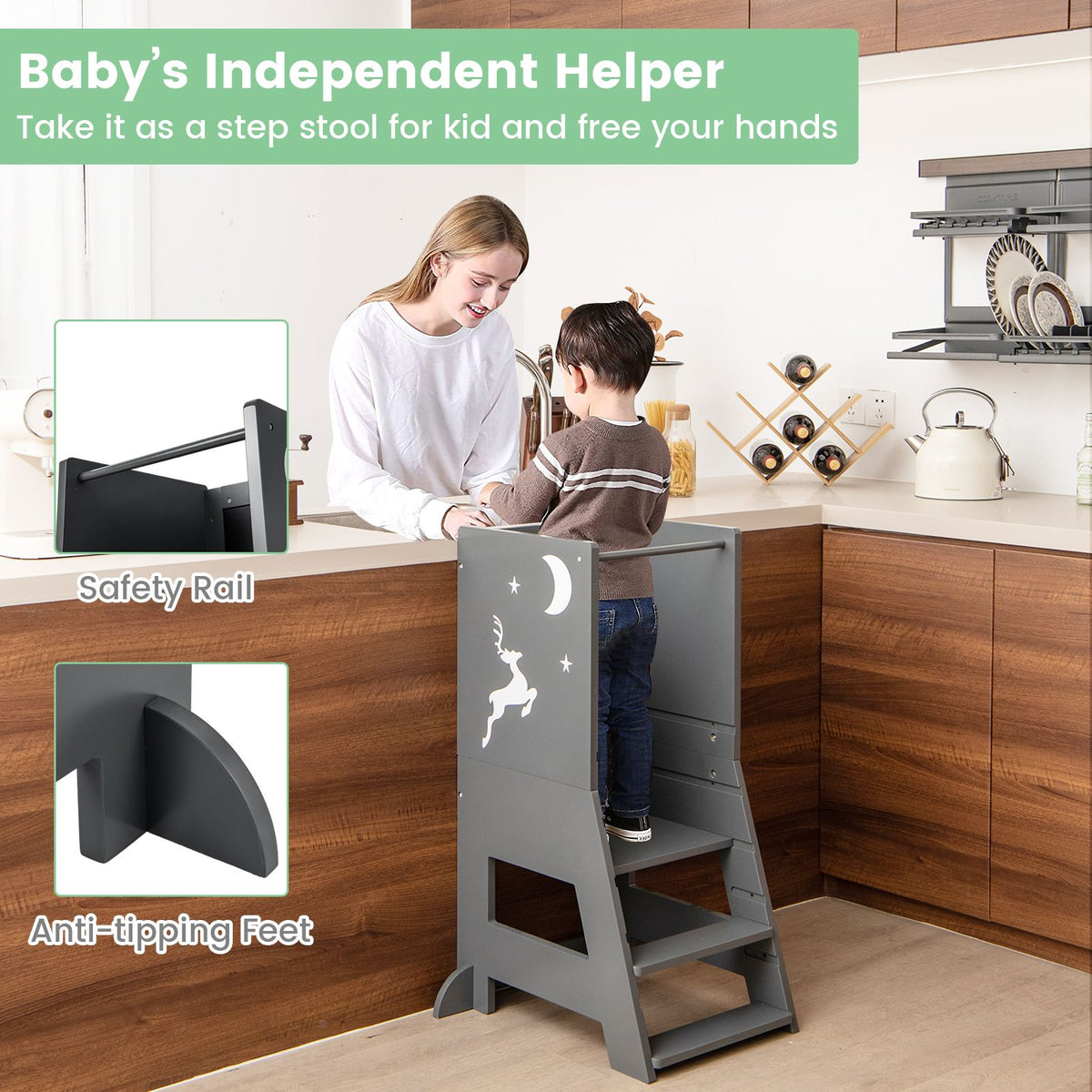 SEDOL 3-in-1 Montessori Learning Tower with Double-Sided Chalkboard & Whiteboard – Height-Adjustable Kitchen Helper Stool with Safety Rails and Anti-Tip Base