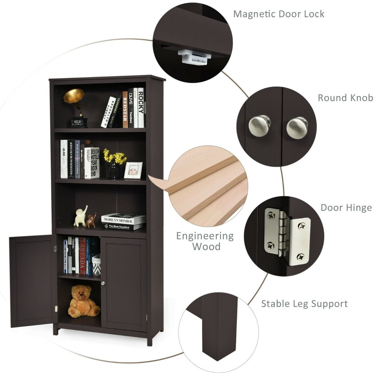 Wooden Tall Bookcase with 3-Tier Storage Cabinet