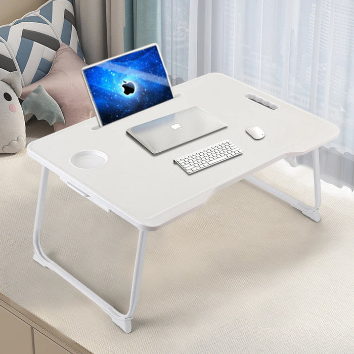 Foldable Laptop Bed Desk – Portable Ivory White Lap Table with Drawer, Cup Holder & Tablet Slot