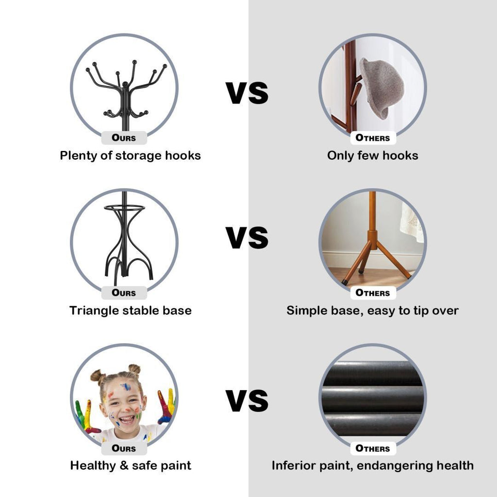 Modern Freestanding Metal Coat Stand with 12 Hooks