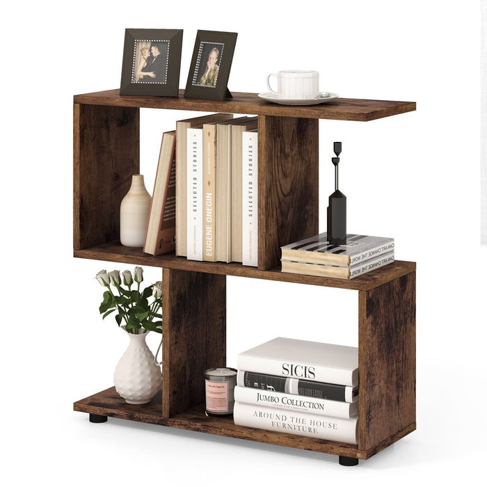 2-Tier Irregular Storage Shelf Wood Shelving Units with 4 Compartments