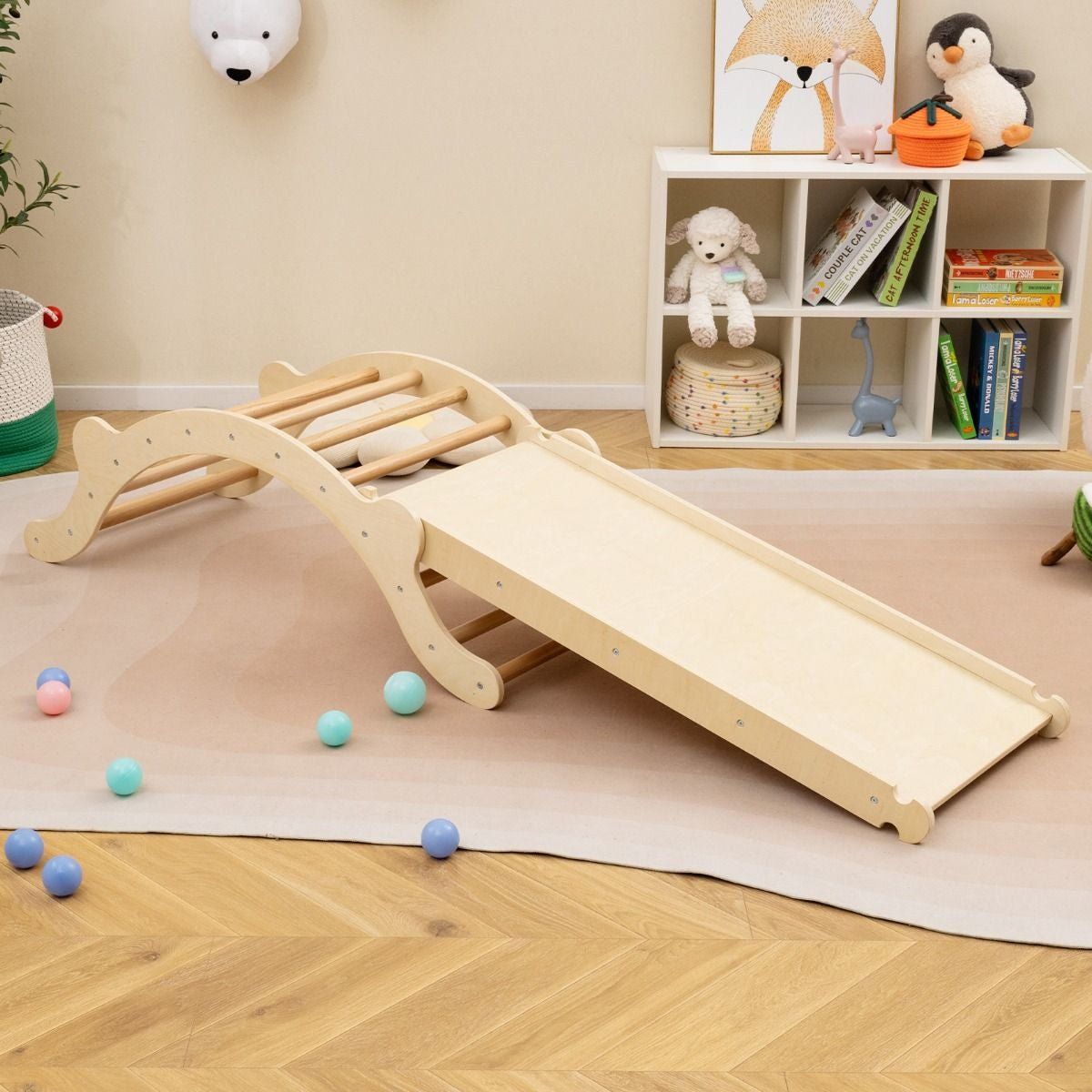 3-in-1 Wooden Climber Arch with Ramp & Rocker – Indoor Toddler Playset