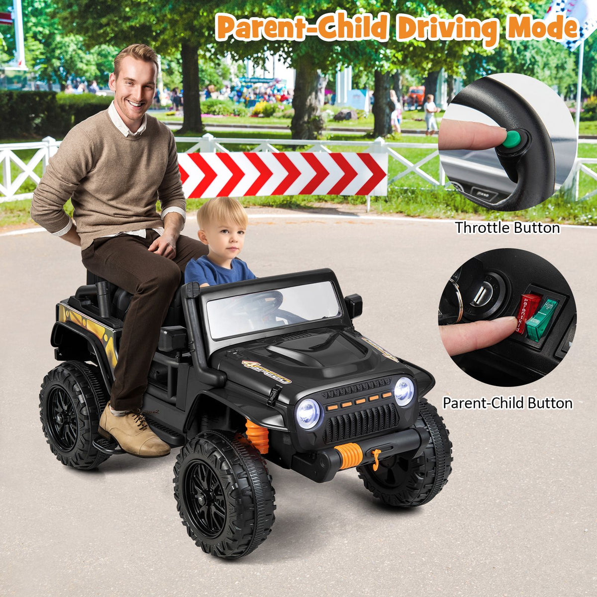 SEDOL 12V Parent-Child Ride-On Truck with 100kg High-Capacity Load High-Torque Dual Motors Parental Remote Control and Integrated Adult Seat with Folding Foot Pedals