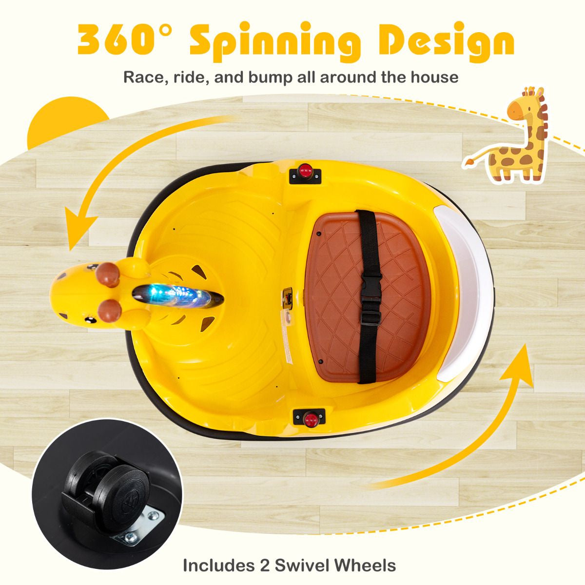 SEDOL 12V Giraffe Series Toddler Bumper Car with 360° Zero-Turn Dual Joysticks Parental Remote Control and Integrated LED Sensory Light Show