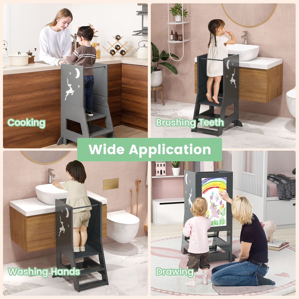 SEDOL 3-in-1 Montessori Learning Tower with Double-Sided Chalkboard & Whiteboard – Height-Adjustable Kitchen Helper Stool with Safety Rails and Anti-Tip Base