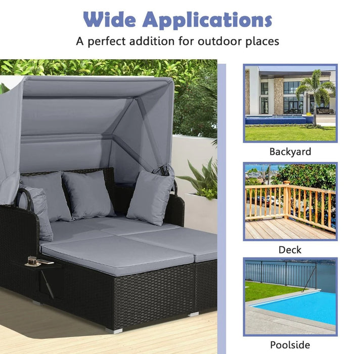 Rattan Daybed with Retractable Canopy, Cushions & Side Trays