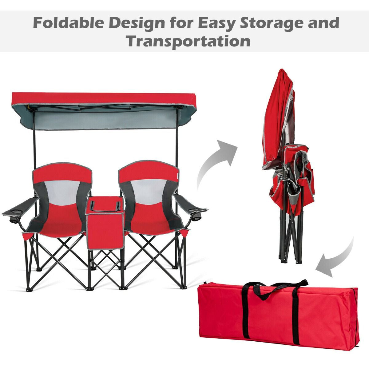 Double Folding Camping Chair with Canopy and Armrests