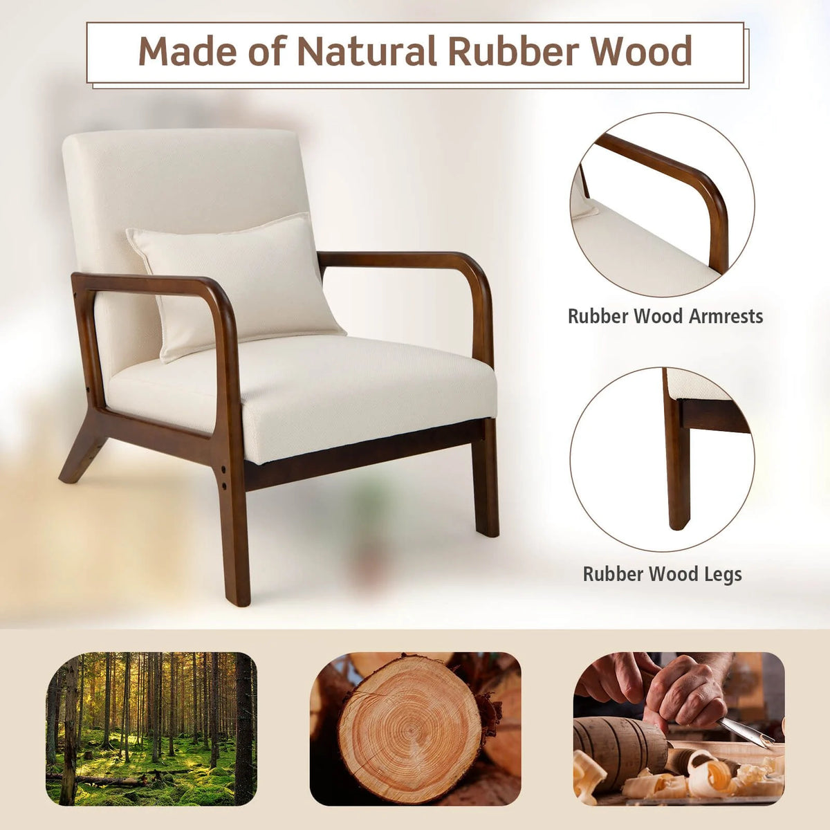 Modern Accent Chair with Lumbar Pillow and Rubber Wood Frame
