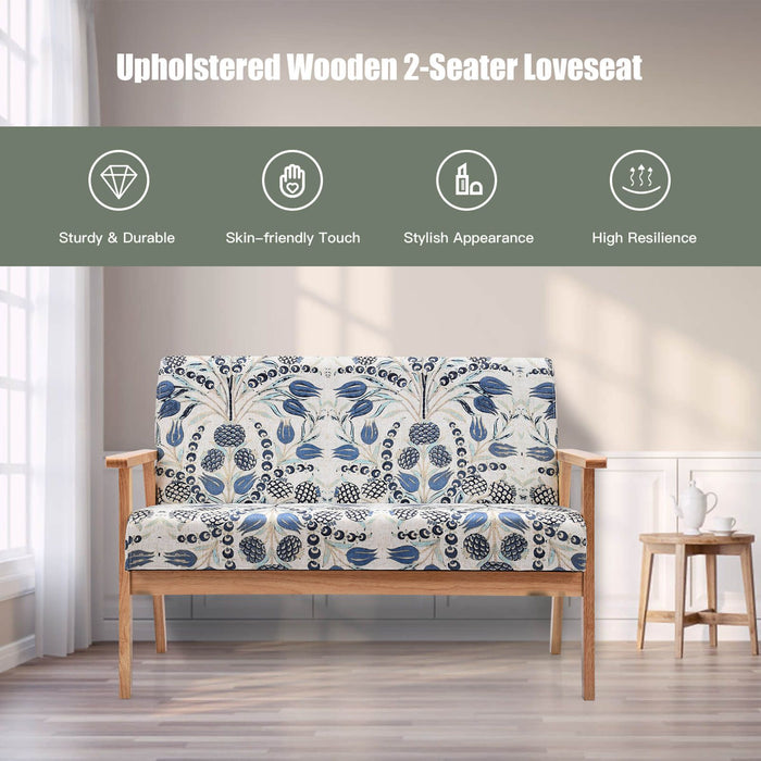 2-Seater Wooden Upholstered Loveseat with Rubber Wood Armrests