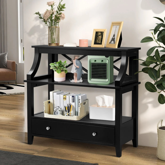 3-Tier X-Shaped Console Table with Drawer and Open Storage Shelves