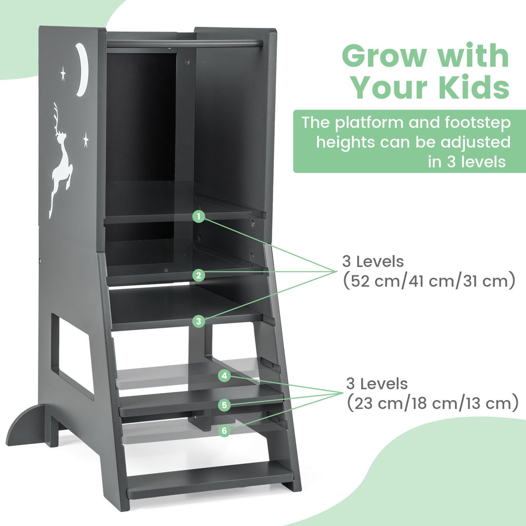 SEDOL 3-in-1 Montessori Learning Tower with Double-Sided Chalkboard & Whiteboard – Height-Adjustable Kitchen Helper Stool with Safety Rails and Anti-Tip Base
