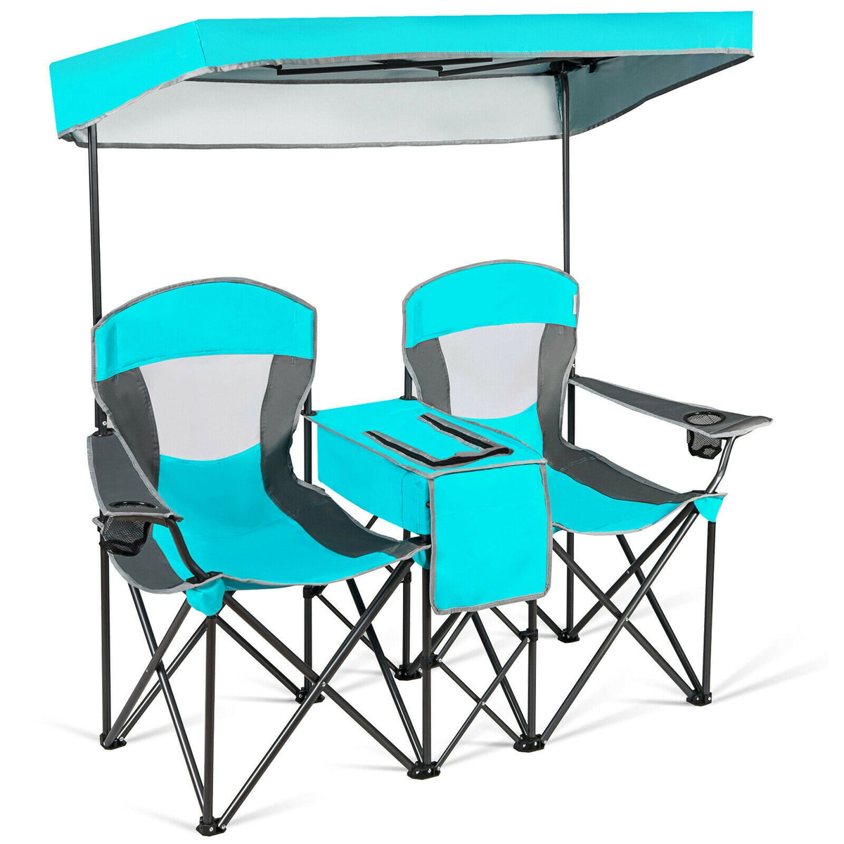 Double Folding Camping Chair with Canopy and Armrests