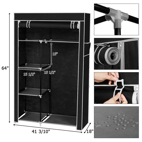 64" Portable Wardrobe – Foldable Clothes Storage Closet with Shelves & Hanging Rail (Black)