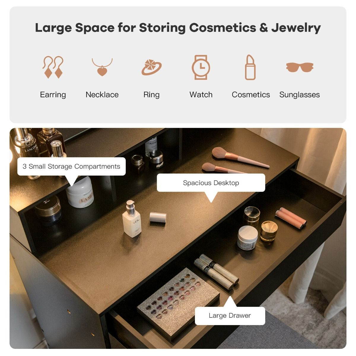 Modern Dressing Table Set with LED Lights Mirror and Drawer