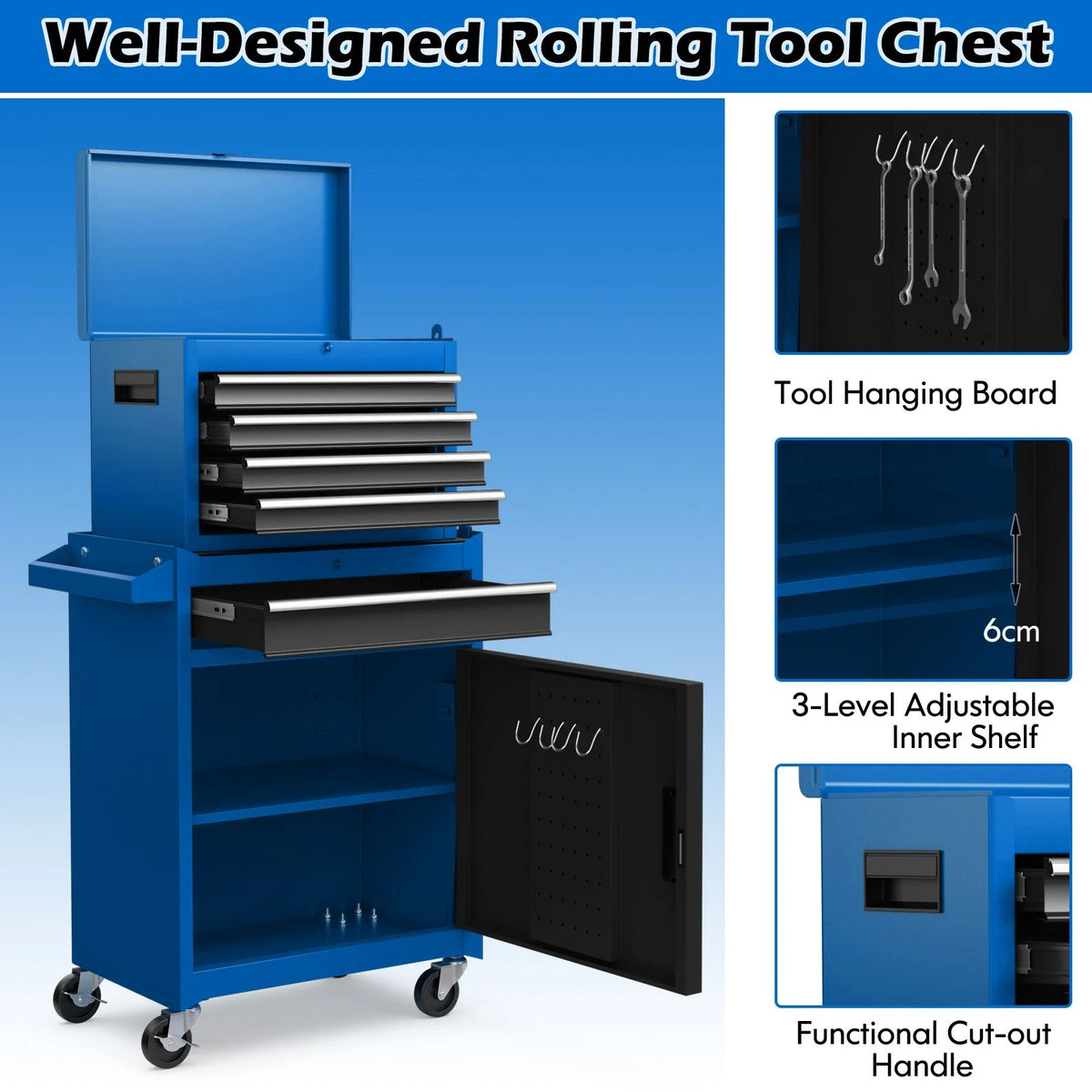 High-Capacity Rolling Tool Cabinet – Lockable Wheels, Metal 2‑in‑1 Chest & Base
