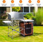 Camping Kitchen Table with Storage & Windscreen – Folding BBQ & Prep Station