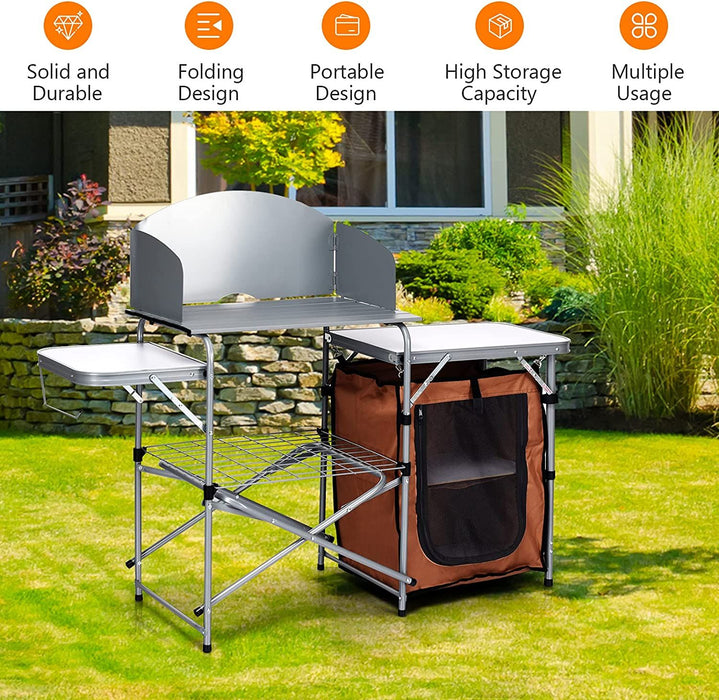 Camping Kitchen Table with Storage & Windscreen – Folding BBQ & Prep Station