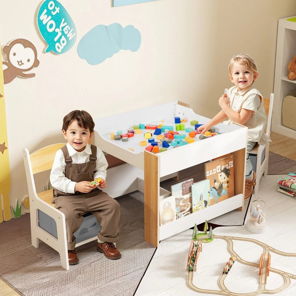 4 in 1 Kids Table and Chairs Set with Reversible Tabletop and Bookshelves