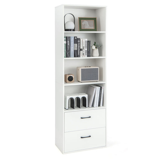 6-Tier Modern Wooden Bookshelf with 4 Open Shelves and 2 Drawers