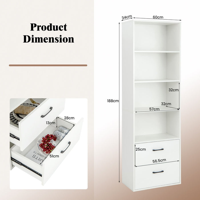 6-Tier Modern Wooden Bookshelf with 4 Open Shelves and 2 Drawers