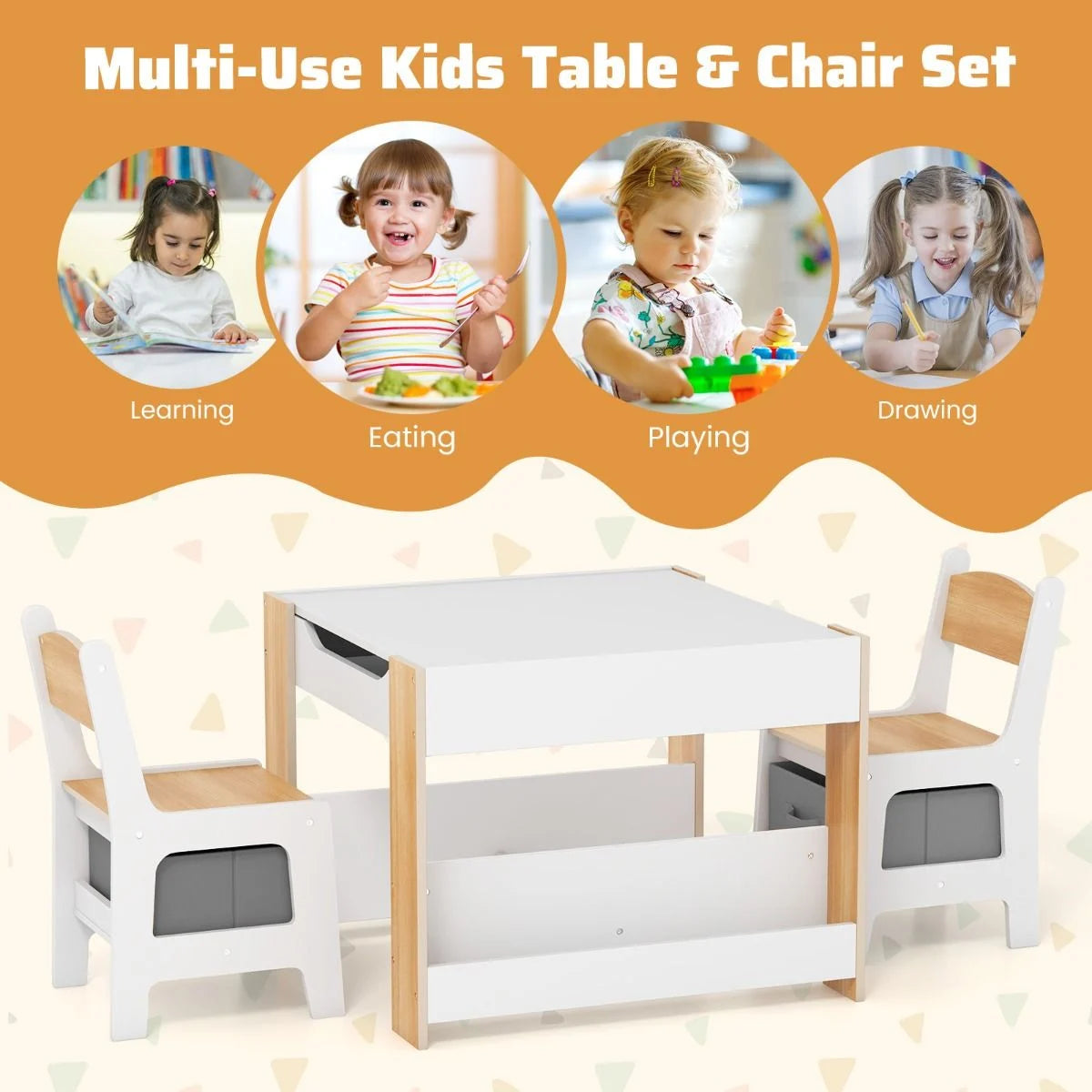 4 in 1 Kids Table and Chairs Set with Reversible Tabletop and Bookshelves