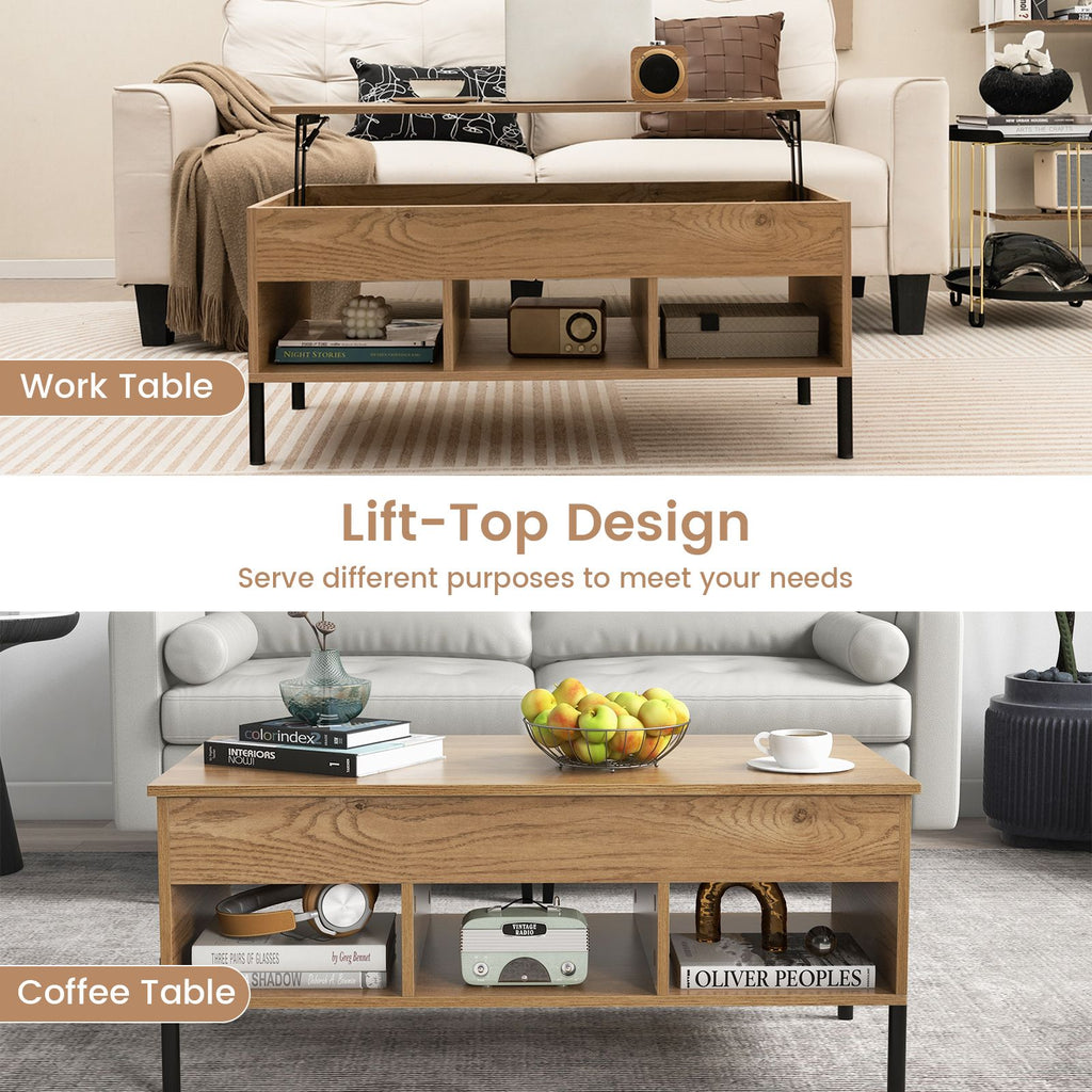 Lift Top Coffee Table with Large Hidden Compartment and 3 Open Cubbies