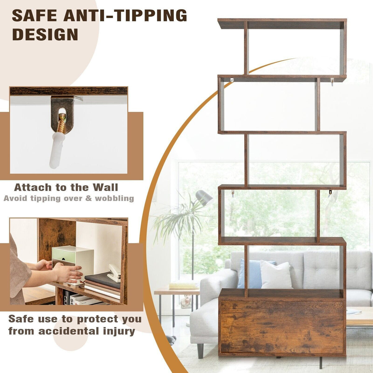 Industrial S-Shaped 5-Tier Bookcase with Cabinet