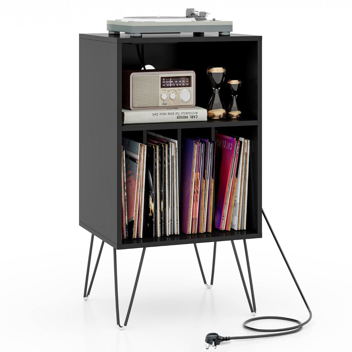 3-Tier Record Player Stand with Charging Station Shelf and 4 Dividers