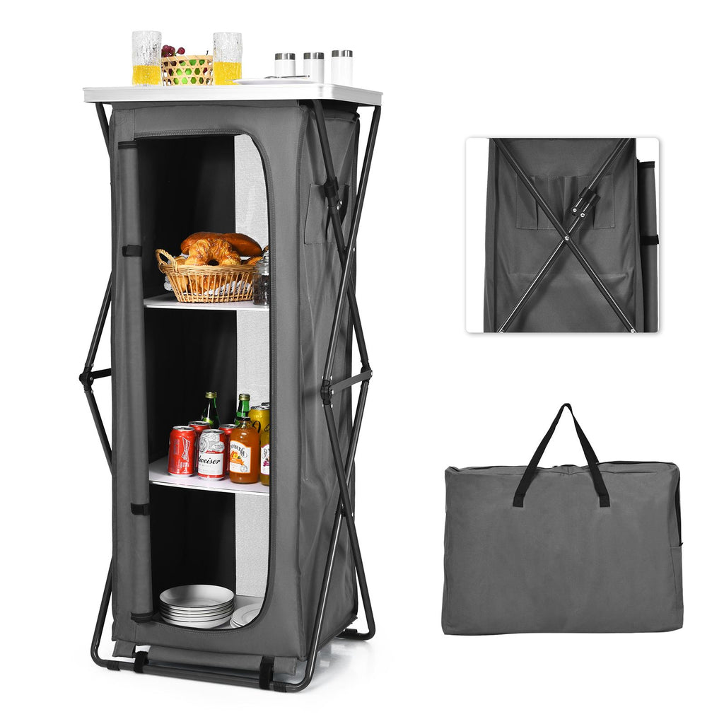 3-Tier Folding Camping Storage Cabinet with Side Pockets and Carry Bag