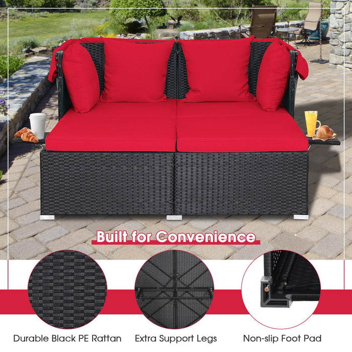 Rattan Daybed with Retractable Canopy, Cushions & Side Trays
