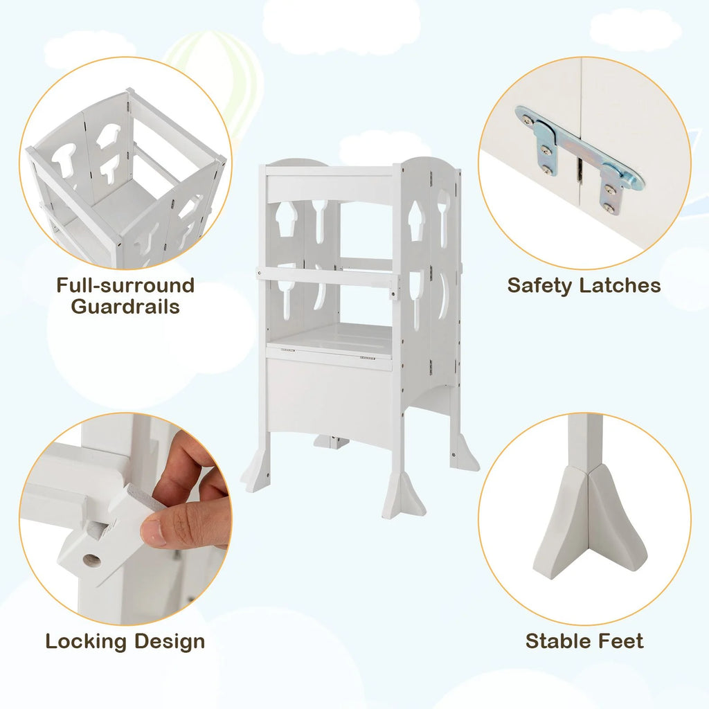 SEDOL Folding Montessori Learning Tower for Toddlers Space-Saving Height Adjustable Kitchen Helper Stool with Safety Latches and Full-Surround Guardrails