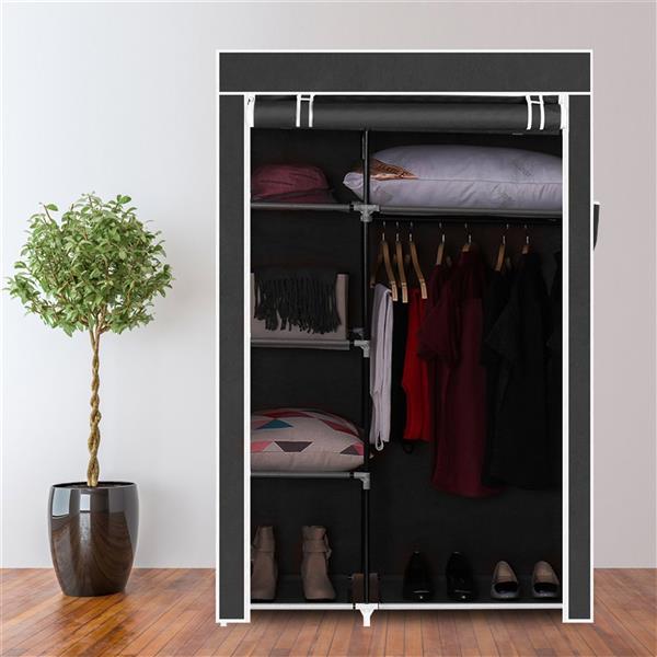 64" Portable Wardrobe – Foldable Clothes Storage Closet with Shelves & Hanging Rail (Black)