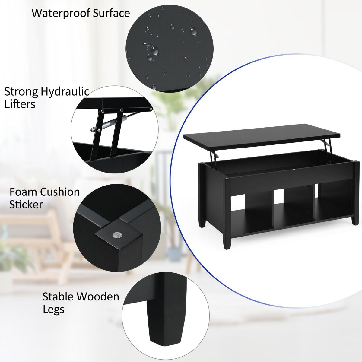 Rising Center Table with Lift Top Hidden Compartment