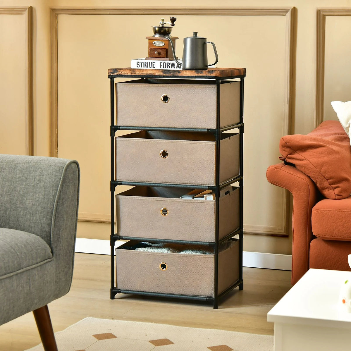 4-Tier Fabric Dresser with Drawers and Metal Frame