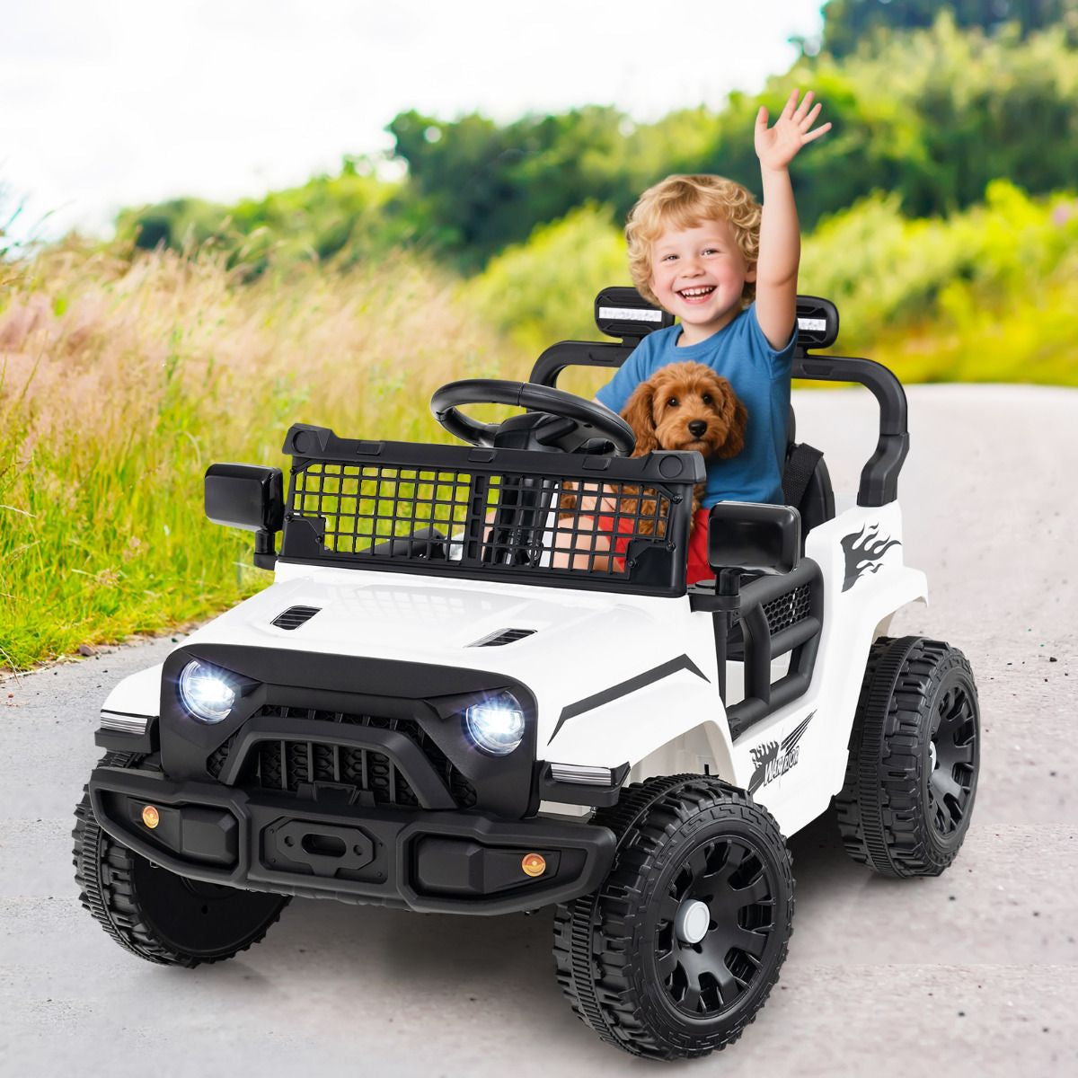 SEDOL 12V Electric Ride-On Truck for Kids with Parental Remote Control Dual 25W Motors All-Terrain Shock Absorbers LED Headlights and Soft-Start Safety System