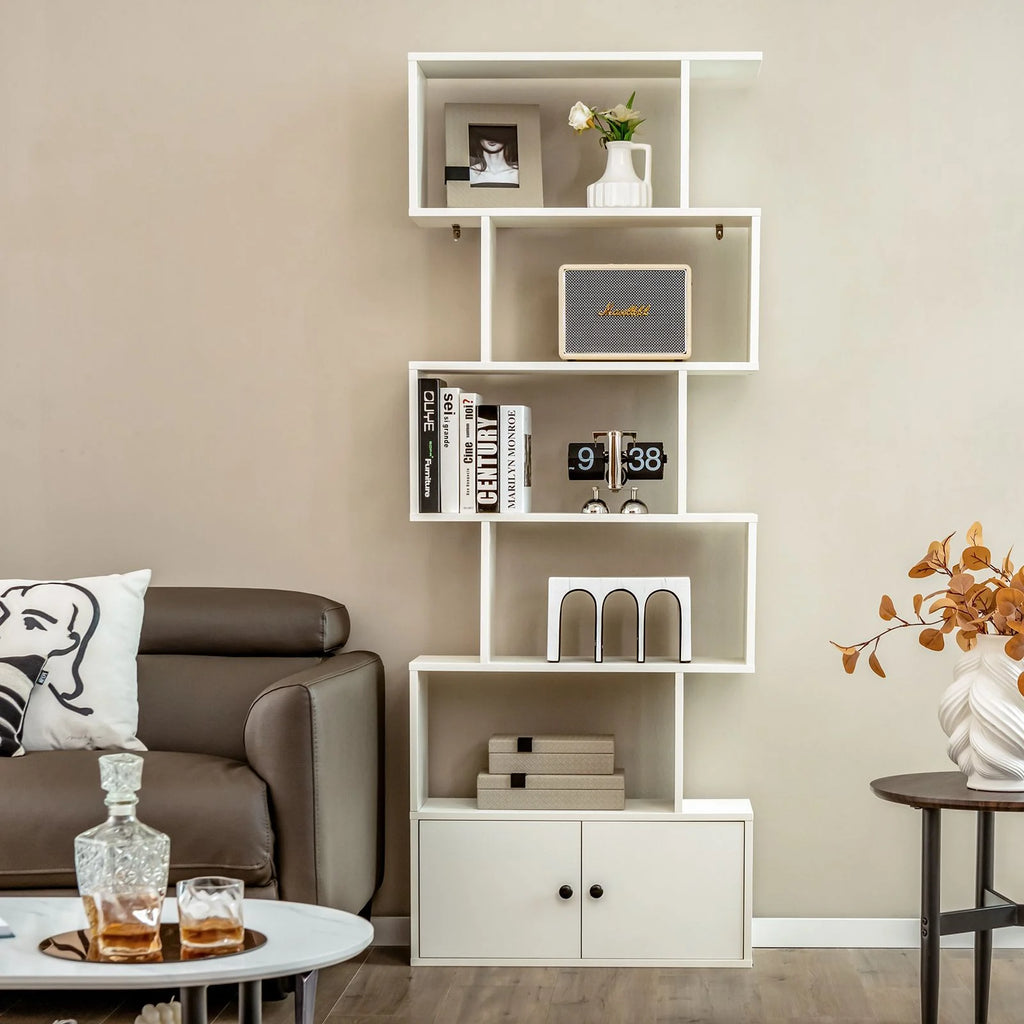 Industrial S-Shaped 5-Tier Bookcase with Cabinet